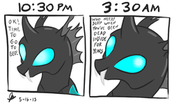 Size: 780x463 | Tagged: safe, artist:thedrizzle404, changeling, 2 panel comic, comic, dead inside, dialogue, fangs, sleep deprivation, solo, who needs sleep anyway