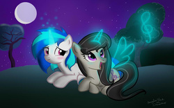 Size: 800x500 | Tagged: safe, artist:marylinnblack, dj pon-3, octavia melody, vinyl scratch, alicorn, pony, g4, artificial wings, augmented, blushing, cute, female, lesbian, love, magic, magic wings, moon, night, romantic, ship:scratchtavia, shipping, tree, wings