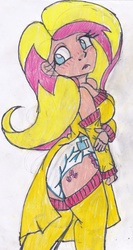 Size: 1817x3417 | Tagged: safe, artist:cuddlelamb, fluttershy, human, g4, breasts, diaper, female, humanized, non-baby in diaper, solo, traditional art