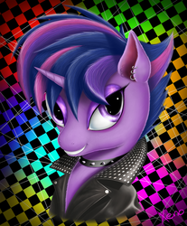 Size: 828x1000 | Tagged: safe, artist:the1xeno1, twilight sparkle, alicorn, pony, g4, 80s, alternate hairstyle, clothes, collar, earring, female, leather jacket, mare, piercing, punklight sparkle, solo, twilight sparkle (alicorn)