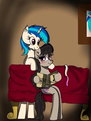 Size: 768x1024 | Tagged: safe, artist:marylinnblack, dj pon-3, octavia melody, vinyl scratch, g4, anatomically incorrect, blushing, book, chair, couch, ear bite, female, incorrect leg anatomy, lesbian, painting, ship:scratchtavia, shipping