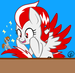 Size: 1024x1005 | Tagged: safe, artist:daringashia, oc, oc only, oc:record twister, oc:sawtooth waves, earth pony, pegasus, pony, looking at something, simple background, size difference, spread wings, sweat, sweatdrop, wings