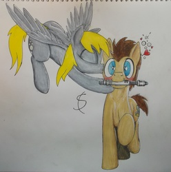 Size: 3096x3126 | Tagged: safe, artist:scribblepwn3, derpy hooves, doctor whooves, time turner, earth pony, pegasus, pony, g4, bubble, colored, female, flying, heart, high res, kissing, male, mare, mouth hold, ship:doctorderpy, shipping, sonic screwdriver, stallion, straight, traditional art, watercolor painting