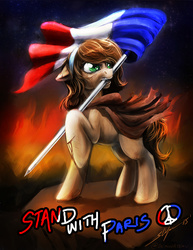 Size: 1000x1294 | Tagged: safe, artist:slifertheskydragon, oc, blood, flag, france, injured, mouth hold, paris, raised hoof, solo, stand with paris