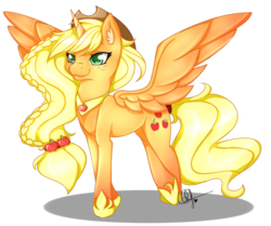 Size: 1000x834 | Tagged: safe, artist:pillonchou, applejack, alicorn, pony, g4, alicorn princess, alicornified, alternate hairstyle, applecorn, cowboy hat, element of honesty, female, freckles, hat, large wings, ponytail, princess shoes, race swap, signature, simple background, solo, stetson, transparent background