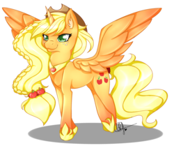 Size: 1000x834 | Tagged: safe, artist:pillonchou, applejack, alicorn, pony, g4, alicorn princess, alicornified, alternate hairstyle, applecorn, cowboy hat, element of honesty, female, freckles, hat, large wings, ponytail, princess of apples, princess shoes, race swap, signature, simple background, solo, stetson, transparent background