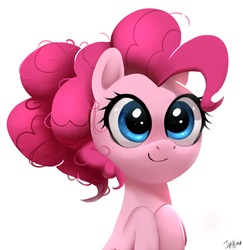 Size: 1200x1237 | Tagged: safe, artist:imalou, pinkie pie, g4, alternate hairstyle, bust, c:, cute, diapinkes, female, messy mane, ponk, ponytail, portrait, smiling, solo
