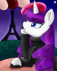 Size: 1024x1280 | Tagged: safe, artist:mlp-firefox5013, rarity, g4, beatnik rarity, beret, clothes, eiffel tower, female, france, french, french rarity, hat, paris, signature, solo