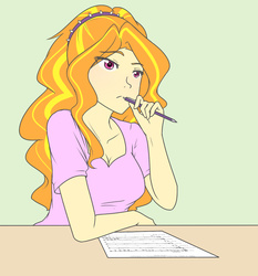Size: 1280x1374 | Tagged: safe, artist:jonfawkes, adagio dazzle, human, equestria girls, g4, adoragio, alternate hairstyle, cleavage, commission, cute, eye clipping through hair, eyebrows, eyebrows visible through hair, female, humanized, music, paper, pen, solo, straight hair, thinking, writing