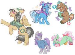 Size: 849x632 | Tagged: safe, artist:teahee, button mash, daring do, maud pie, minty, trixie, pony, unicorn, g4, bow, clothes, colt, female, foal, male, mare, rearing, simple background, socks