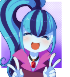 Size: 460x500 | Tagged: safe, artist:loyaldis, sonata dusk, equestria girls, g4, my little pony equestria girls: rainbow rocks, abstract background, blushing, bust, cute, eyes closed, female, happy, open mouth, peace sign, solo, sonatabetes