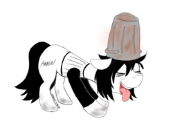 Size: 1080x800 | Tagged: safe, artist:dreadlime, oc, oc only, oc:trash, pony, /trash/, 4chan, clothes, eyes closed, hat, open mouth, simple background, solo, stretching, tongue out, trash, trash can, white background