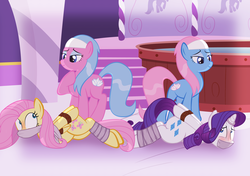 Size: 2835x2000 | Tagged: dead source, safe, artist:radiantrealm, aloe, fluttershy, lotus blossom, rarity, earth pony, pegasus, pony, unicorn, g4, bathtub, blushing, bondage, cloth gag, duct tape, extra legs, female, gag, help us, helpless, high res, horn, horn ring, kidnapped, magic suppression, over the nose gag, rope, show accurate, spa, spa pony, spa twins, stairs, story in the comments, tape gag, tied up, worried