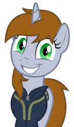 Size: 750x1295 | Tagged: safe, artist:brisineo, oc, oc only, oc:littlepip, pony, unicorn, fallout equestria, clothes, crazy face, faic, fanfic, fanfic art, female, grin, jumpsuit, looking at you, mare, simple background, smiling, solo, stare, transparent background, vault suit, vector