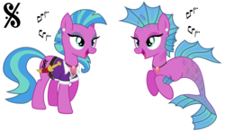 Size: 4100x2400 | Tagged: safe, artist:cheezedoodle96, oc, oc only, oc:elegy, half-siren, hippocampus, merpony, pony, siren, g4, .svg available, bedroom eyes, belt, clothes, dagger, dal segno, ear piercing, earring, female, knife, mare, music, music notes, necklace, open mouth, pearl, piercing, raised hoof, seashell, shirt, simple background, singing, smiling, solo, svg, transparent background, vector, vest, weapon