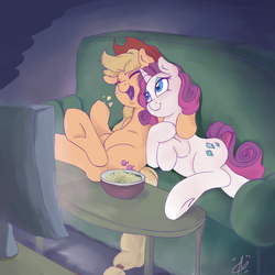 Size: 1500x1500 | Tagged: safe, artist:aquaticsun, applejack, rarity, g4, crossed legs, female, food, hooves on the table, lesbian, movie night, popcorn, ship:rarijack, shipping