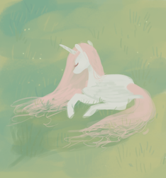 Size: 1024x1095 | Tagged: safe, artist:witchette, princess celestia, g4, eyes closed, female, grass, pink-mane celestia, prone, rear view, solo, younger