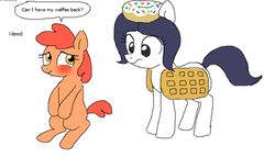 Size: 582x334 | Tagged: safe, artist:shutterflye, oc, oc only, oc:hattsy, oc:wafflecakes, blushing, dialogue, donut, flockmod, food, sitting, sprinkles, waffle