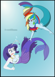 Size: 2124x2955 | Tagged: safe, artist:physicrodrigo, part of a set, rainbow dash, rarity, angler fish, mermaid, series:equestria mermaids, equestria girls, g4, bubble, clothes, dress, earfins, gills, high res, mermaidized, midriff, necklace, ocean, part of a series, pearl, rainbow douche, species swap, story in the comments, submarine, tail pull, torn clothes, transformation, underwater