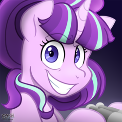 Size: 540x540 | Tagged: safe, artist:bcpony, starlight glimmer, pony, unicorn, g4, what about discord?, binoculars, bust, dreamworks face, evil grin, female, grin, hoof hold, looking at you, mare, raised eyebrow, signature, smiling, snaplight glimmer, solo, soon, starlight stalker, wide eyes