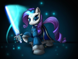 Size: 2859x2160 | Tagged: safe, artist:swordflash4, rarity, g4, clothes, female, glowing, high res, looking at you, macroschism, magic, raised hoof, solo, sword, telekinesis, weapon