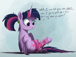 Size: 3500x2625 | Tagged: safe, artist:ncmares, twilight sparkle, alicorn, pony, ask majesty incarnate, g4, alternate hairstyle, clothes, dialogue, female, frown, high res, mare, sitting, socks, solo, striped socks, twilight sparkle (alicorn), underhoof