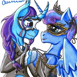 Size: 892x895 | Tagged: safe, artist:the1king, princess luna, oc, oc:azure night, g4, azuna, canon x oc, mask, masquerade mask, necklace, shipping