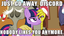 Size: 610x343 | Tagged: safe, discord, twilight sparkle, alicorn, pony, g4, my little pony: friendship is magic, what about discord?, annoyed, dialogue, female, image macro, mare, meme, twilight sparkle (alicorn)