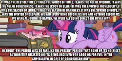 Size: 1920x966 | Tagged: safe, edit, edited screencap, screencap, twilight sparkle, pony, g4, pinkie apple pie, a tale of two cities, book, charles dickens, female, golden oaks library, image macro, magic, meme, reading, solo, telekinesis, text, that pony sure does love books, twilight sparkle (alicorn), wall of text