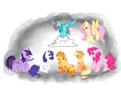 Size: 1024x773 | Tagged: safe, artist:nubblebubble123, applejack, fluttershy, pinkie pie, rainbow dash, rarity, twilight sparkle, oc, oc:stargrown glow, alicorn, pony, g4, female, gradient hooves, gradient mane, mane six, mare, stars, twilight sparkle (alicorn), universe pony