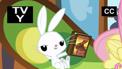 Size: 1224x700 | Tagged: safe, edit, edited screencap, screencap, angel bunny, fluttershy, g4, the hooffields and mccolts, tv rating, watership down