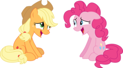 Size: 4838x2670 | Tagged: safe, artist:sketchmcreations, applejack, pinkie pie, g4, hearthbreakers, high res, inkscape, laughing, nervous, nervous laugh, simple background, sitting, transparent background, vector