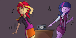 Size: 1099x550 | Tagged: safe, artist:tjpones, sci-twi, sunset shimmer, twilight sparkle, equestria girls, g4, my little pony equestria girls: friendship games, clothes, crystal prep academy uniform, dancing, music, music notes, school uniform