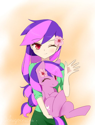 Size: 771x1018 | Tagged: safe, artist:ichigochichi, oc, oc only, oc:moonlight blossom, human, pony, duo, holding, holding a pony, human ponidox, humanized