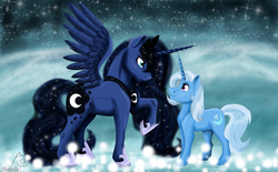 Size: 3840x2382 | Tagged: safe, artist:shadeila, princess luna, trixie, pony, unicorn, g4, duo, female, high res, mare