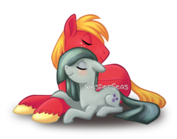 Size: 1600x1257 | Tagged: safe, artist:whisperseas, big macintosh, marble pie, earth pony, pony, g4, duo, male, ship:marblemac, shipping, stallion, straight, watermark