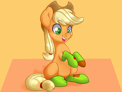 Size: 1600x1200 | Tagged: safe, artist:annakitsun3, applejack, g4, clothes, cute, female, jackabetes, redraw, sitting, socks, solo