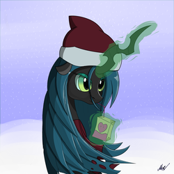 Size: 2000x2000 | Tagged: dead source, safe, artist:soveno, queen chrysalis, g4, christmas, clothes, drinking, female, food, hat, high res, juice, juice box, levitation, magic, santa hat, scarf, snow, snowfall, solo, telekinesis, winter
