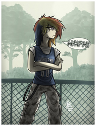 Size: 1024x1350 | Tagged: dead source, safe, artist:slawomiro, rainbow dash, human, g4, clothes, crossed arms, crossover, female, fence, humanized, jersey, killing floor, pants, signature, solo, speech bubble, sports