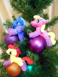 Size: 720x960 | Tagged: safe, artist:1stastrastudio, apple bloom, lily, lily valley, trixie, pony, unicorn, g4, christmas tree, clothes, female, irl, mare, photo, plushie, socks, tree