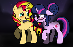 Size: 1580x1024 | Tagged: safe, artist:pinkamenascratch, sci-twi, sunset shimmer, twilight sparkle, pony, unicorn, equestria girls, g4, blushing, female, glasses, hair bun, hilarious in hindsight, lesbian, ship:sci-twishimmer, ship:sunsetsparkle, shipping, unicorn sci-twi