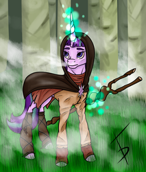 Size: 1252x1472 | Tagged: safe, artist:fullmoondagger, starlight glimmer, g4, boots, cloak, clothes, female, forest, grass, robes, s5 starlight, solo, staff, staff of sameness, tree