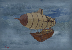 Size: 3000x2100 | Tagged: safe, artist:eriada, oc, oc only, airship, high res, mountain, rain, steam, steampunk