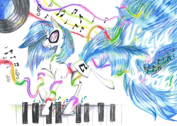 Size: 827x588 | Tagged: safe, artist:mlploverdash, dj pon-3, vinyl scratch, g4, female, music notes, musical instrument, piano, solo, streamers