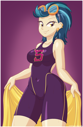 Size: 1048x1600 | Tagged: safe, artist:rapps, indigo zap, equestria girls, g4, my little pony equestria girls: friendship games, breasts, busty indigo zap, clothes, crystal prep academy, crystal prep shadowbolts, earring, explicit source, female, goggles, looking at you, one-piece swimsuit, piercing, shadowbolts swimsuit, solo, swimsuit, towel, wet