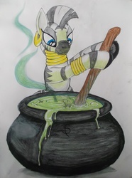 Size: 3148x4239 | Tagged: safe, artist:scribblepwn3, zecora, zebra, g4, cauldron, colored, female, pen drawing, potion, solo, stick, stirring, traditional art, watercolor painting