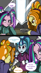 Size: 720x1280 | Tagged: safe, artist:miracle32, adagio dazzle, aria blaze, sonata dusk, equestria girls, g4, my little pony equestria girls: friendship games, cup, dialogue, newspaper, the dazzlings