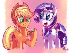 Size: 2000x1495 | Tagged: safe, artist:lightof-dawn, applejack, rarity, earth pony, pony, unicorn, g4, cowboy hat, female, freckles, hat, lesbian, looking at each other, mare, necklace, open mouth, pendant, ship:rarijack, shipping, signature, stetson, style emulation, whitediamonds-ish