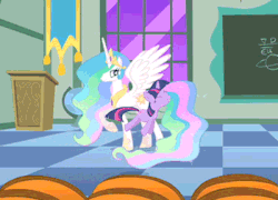 Size: 350x252 | Tagged: safe, screencap, princess celestia, twilight sparkle, alicorn, pony, unicorn, g4, season 1, the cutie mark chronicles, adorkable, animated, cute, dork, excited, eyes closed, female, filly, filly twilight sparkle, gif, hoof shoes, jewelry, loop, mare, open mouth, peytral, pronking, regalia, smiling, spread wings, twiabetes, unicorn twilight, yes yes yes