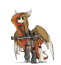 Size: 960x1024 | Tagged: safe, artist:sinrar, oc, oc only, oc:wild spice, pegasus, pony, fallout equestria, armor, coat markings, colored wings, crossover, large wings, long legs, partially open wings, power fist, raised hoof, socks (coat markings), solo, tall, thin, two toned wings, unshorn fetlocks, wings